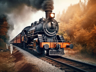 Fototapeta na wymiar old vintage black steam train locomotive in the autumn forest. created with Generative AI