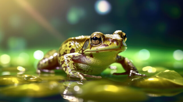 Closeup photography of a frog on a lotus leaf and at the edge of the pond