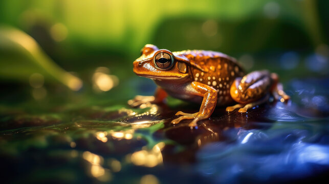 Closeup photography of a frog on a lotus leaf and at the edge of the pond