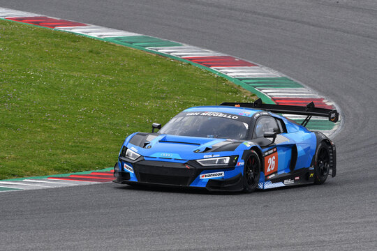 Scarperia, 23 March 2023: Audi R8 LMS GT3 EVO II of Saint&eacute;loc Junior Team driven by Erwan Bastard-Paul Evrard in action during 12h Hankook Race at Mugello Circuit in Italy.