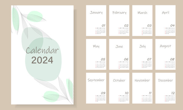 Calendar for 2024 in a fashionable minimalist style. The minimum design of the calendar planner for 2024 for printing a template. A set of 12 pages of a desktop calendar. Vector illustration