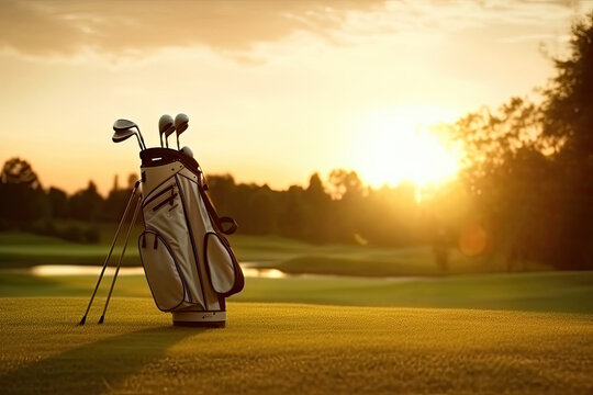 Golf bag in the golf course at the sunset