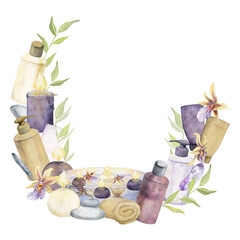 Hand drawn watercolor spa skincare bath beauty products package with flowers and leaves. Frame border. Isolated on white background. Design for wellness resort, print, fabric, cover, card, booklet.