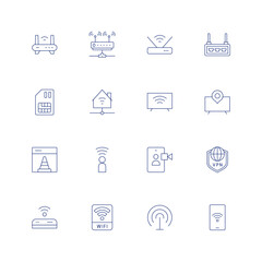 Internet line icon set on transparent background with editable stroke. Containing router, sim card, smart home, smart tv, under construction, user, video call, vpn, wifi.