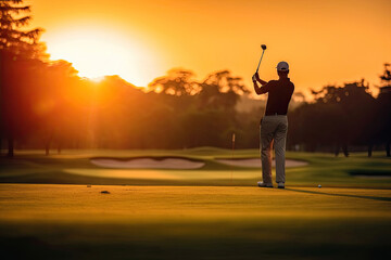 Professinal golf player on golf course. Pro golfer taking a shot, swing, backside