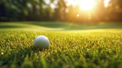 Golf ball is on a green lawn in a beautiful golf course with morning sunshine.