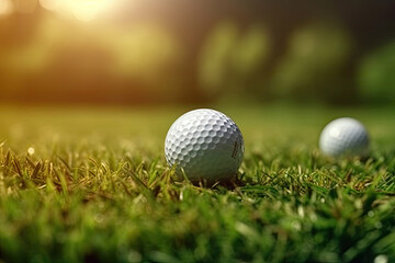 Golf ball is on a green lawn in a beautiful golf course with morning sunshine.