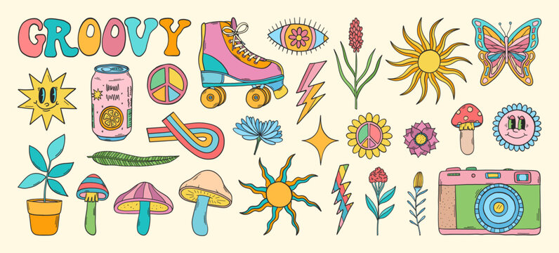 Groovy vector set. Hippie elements. 70s groovy hippie clipart. Retro groovy stickers. Psychedelic funky 60s 70s doodles. Retro cartoon roller skates, photo camera.