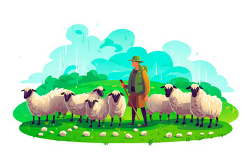 Obraz na płótnie Canvas sheep with man in cartoon style for video game isolated on white background.