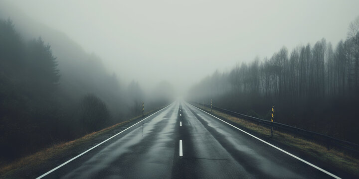 Misty empty road with trees on the side. Foggy highway. Mystery travel concept. Generative AI