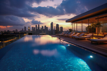 Fototapeta na wymiar Rooftop infinity pool with panoramic city views at late sunset time, exuding a lavish and exclusive atmosphere