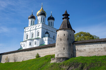 View of the Trinity Cathedral and the Middle Tower in the Kremlin of Pskov. Russia