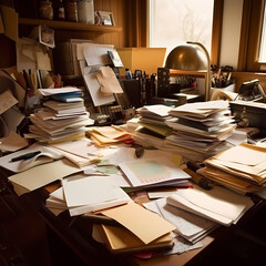 stack of papers on a messy desk in the cluttered study