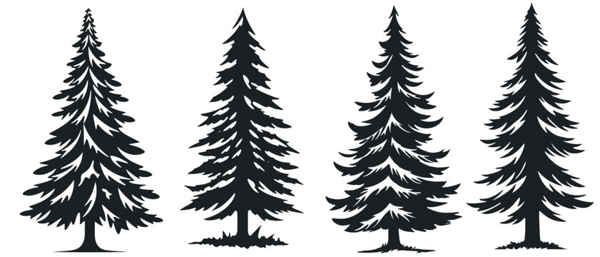 Christmas Trees Set, Black Pictogram Isolated on White Background, Winter Holiday Symbols. Vector