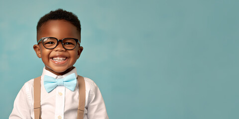 Happy little african american boy with big eyeglasses and bow ties. Isolated on solid blue background 