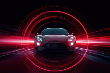 Plakat Sports Car Racing through Light Tunnel on Black Led Background - Dynamic Red