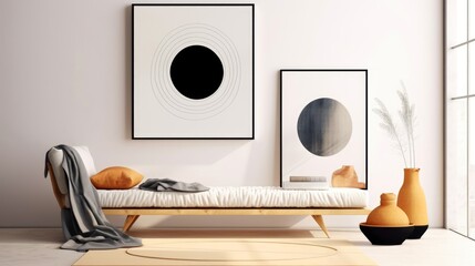 Stylish living room interior design with mock up poster frame, creative home accessories. Home staging. Copy space, Generative AI illustration