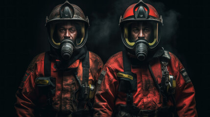 Two fireman portrait wearing  in the gas masks
