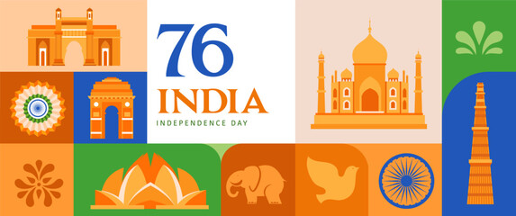 India Independence day, banner, poster and greeting card. 76 Year Anniversary Independence Day Logo