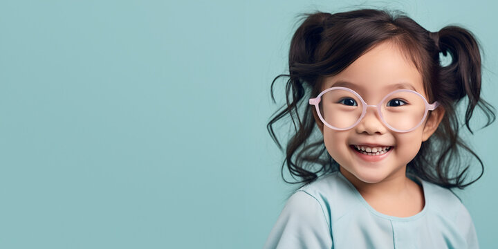 Happy little asian girl with big eyeglasses. Isolated on solid blue background