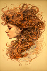 Illustration of a Woman with Graceful Swirls.
The drawing depicts a captivating woman whose hair and background are adorned with an abundance of graceful swirls. 