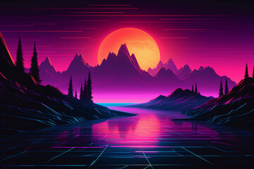 sunrise in the mountains,Exaggerated illustration style of blue and purple tones