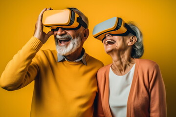 Senior mature couple having fun with virtual reality glasses. Old people using new headset goggles trends technology Generative AI