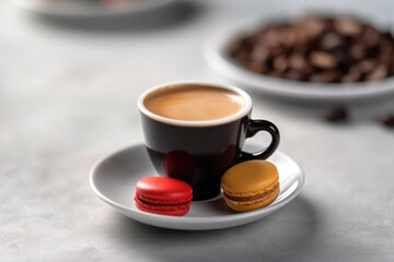 A cup of coffee with macaroons and coffee beans on the table. Generative AI