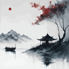 Asian ink painting of a lakeside cottage and boat illustration (Generative AI)
