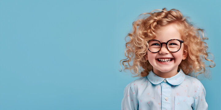 Happy little curly blond girl with big eyeglasses. Isolated on solid blue background 