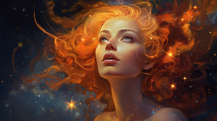Émerveillement astral, femme aux cheveux roux resplendissants parmi les étoiles. - obrazy, fototapety, plakaty