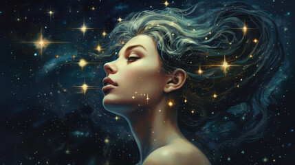 Paysage de rêve, femme aux cheveux bleus parmi les étoiles scintillantes. - obrazy, fototapety, plakaty