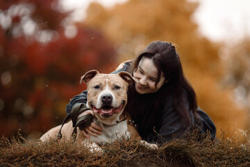 American Staffordshire Terrier looking merrily at the camera. Owner plays with her dog in the park...