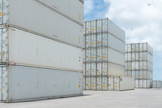 Reefer container for shipping business stacking at the container depot.