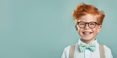 Happy little ginger boy with big eyeglasses and bow ties. Isolated on solid blue background 