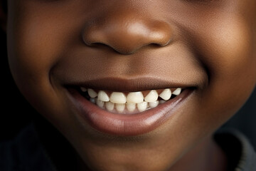 Fototapeta premium Perfect black skin toddler smile with beautiful white milk tooth. Generative AI