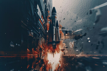 rocket in the city,launch,rocket launch low camera view digital ,abstract background