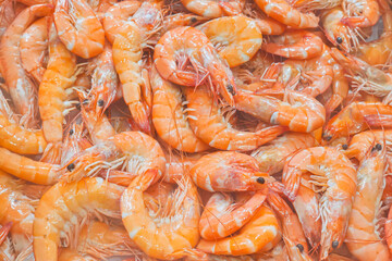 A close up shot showing a display of fresh, loose shrimp for sale in a supermarket.