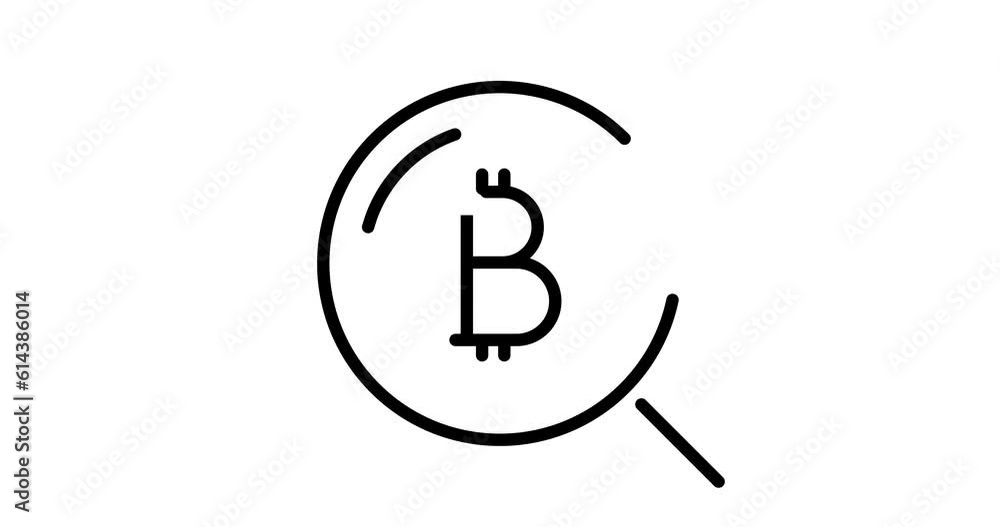 Poster bitcoin search animated outline icon on white background. bitcoin search 4k video animation for web,