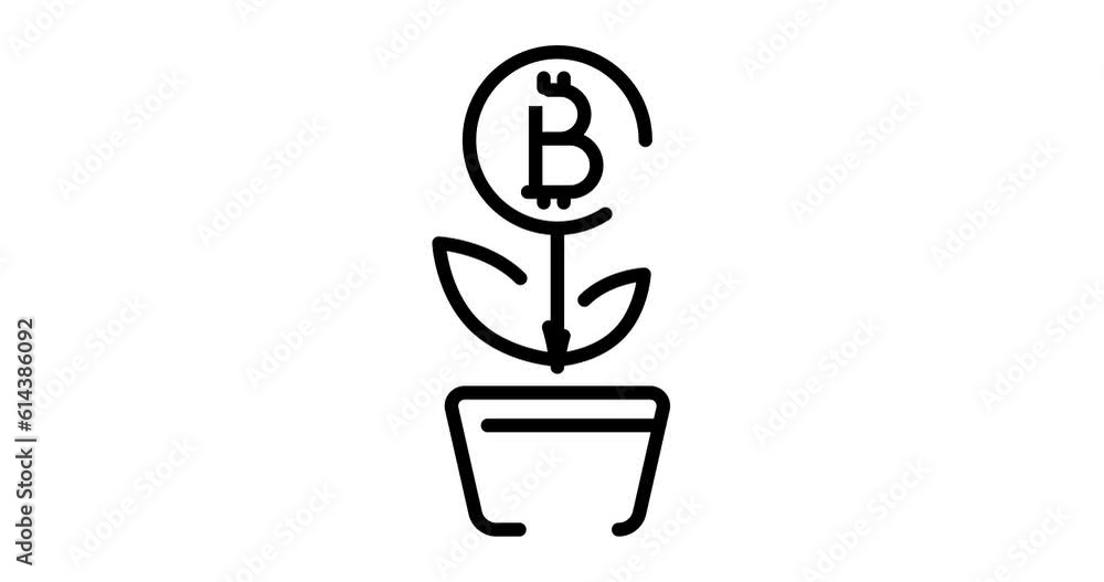 Poster bitcoin farm animated outline icon on white background. bitcoin farm 4k video animation for web, mob