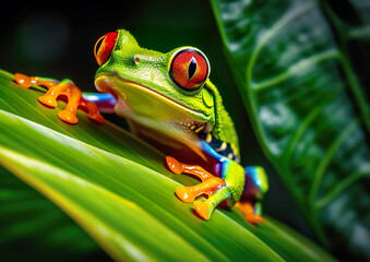 Fototapeta premium The very curious red-eyed tree frog is sitting on the green leaf and basking in the sunlight. Cute tree frog look. Natural background. AI generated.