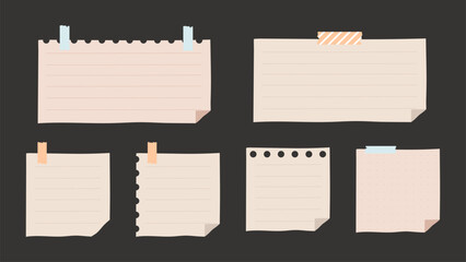 Set of note papers. Isolated on black background. Vector illustration.