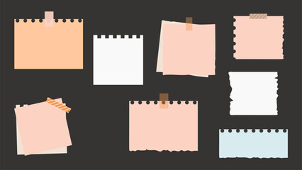 Set of various note papers on black background. Vector illustration