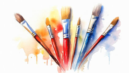 Fototapeta premium Brushes and watercolor on white background, ai generative