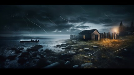 Wooden cottage in the middle of the storm, north, Scandinavia