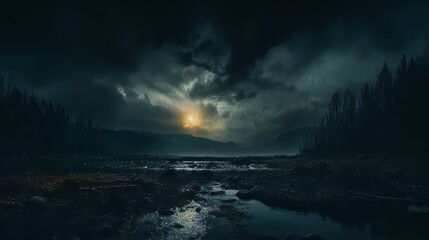 Naklejka premium dark tones landscape in a stormy day with distant sun, and the river