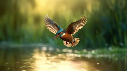Obraz premium Kingfisher flying on the beautiful landscape, beautiful bird