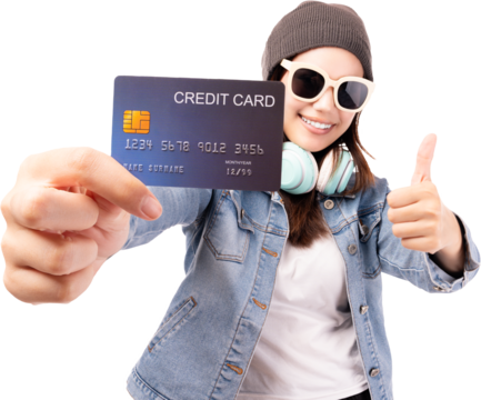 Happy young hipster woman showing credit card with thumbs up looking at camera with happy over isolated on white background Customer girl get satisfied of credit card service Smile teenager girl