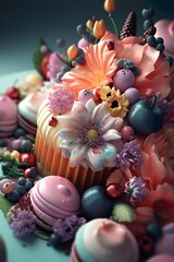 Fototapeta premium 3d Render of a flowery cake and lots of fruit decorations 
