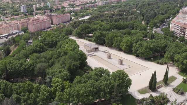 Scenic view of ancient temple of debod, aerial circling. Madrid, Spain